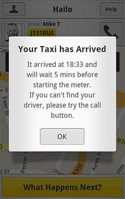 Приложение сообщает о прибытии такси