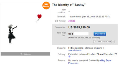 Настоящее имя художника Бэнкси продается за 999 999 долларов на ebay.com400